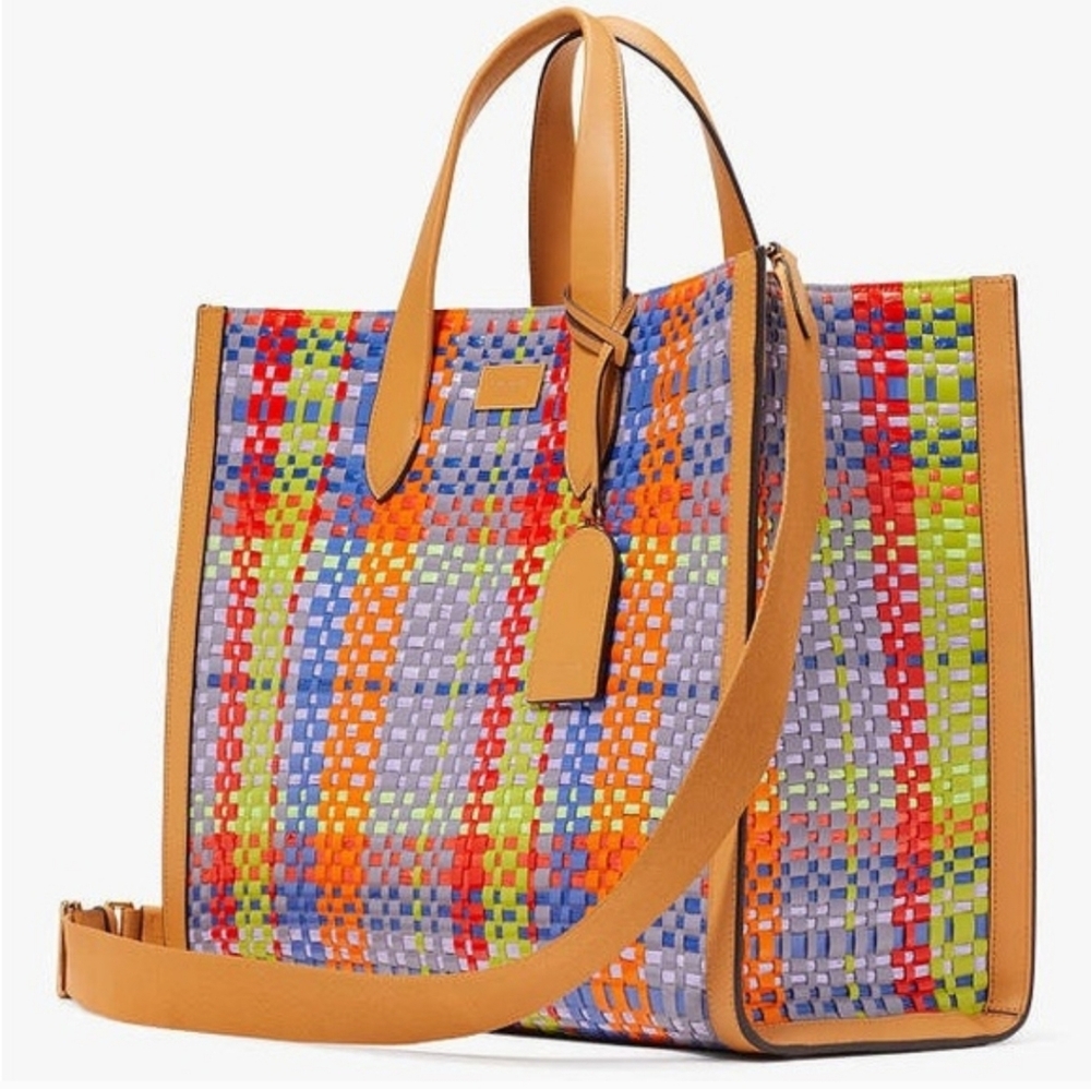 Kate Spade Manhattan Madras Plaid Woven Straw Large Tote - Picture 3 of 6